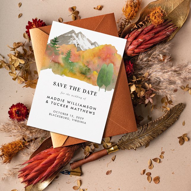 Rustic Watercolor Fall Mountain Wedding Photo  Save The Date (Creator Uploaded)