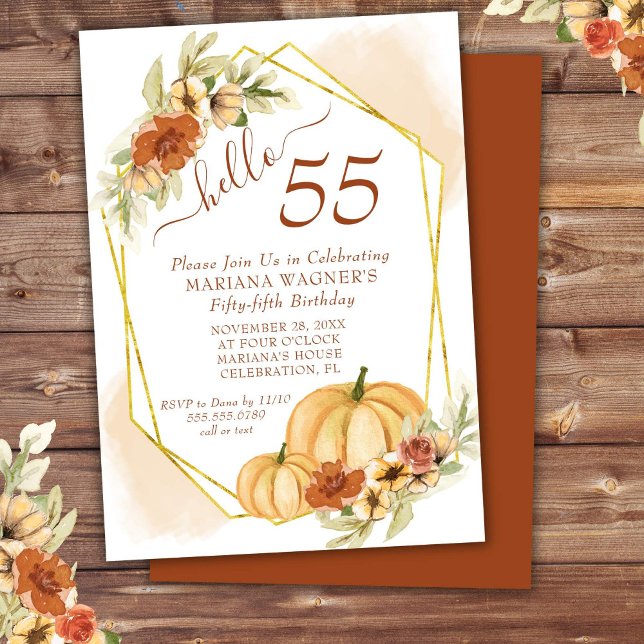Rustic Watercolor Fall Pumpkin 55th Birthday Party Invitation (Creator Uploaded)