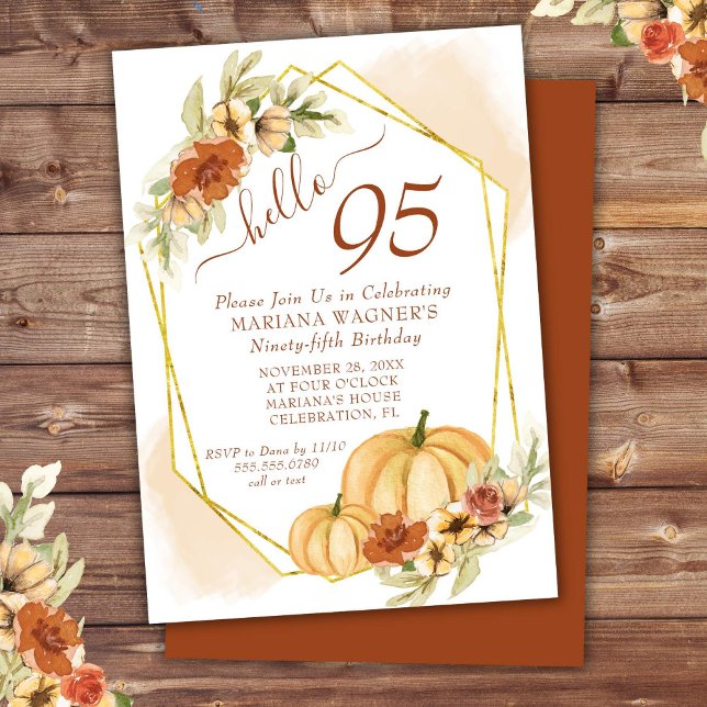 Rustic Watercolor Fall Pumpkin 95th Birthday Party Invitation (Creator Uploaded)
