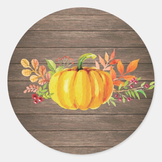 Rustic Watercolor Fall Pumpkin Autumn Classic Round Sticker (Front)