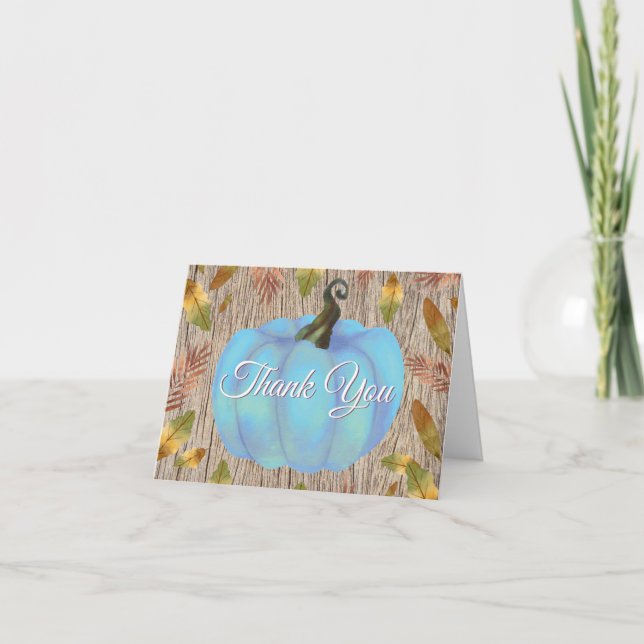 Rustic Watercolor Fall Pumpkin Blue Thank You card (Front)