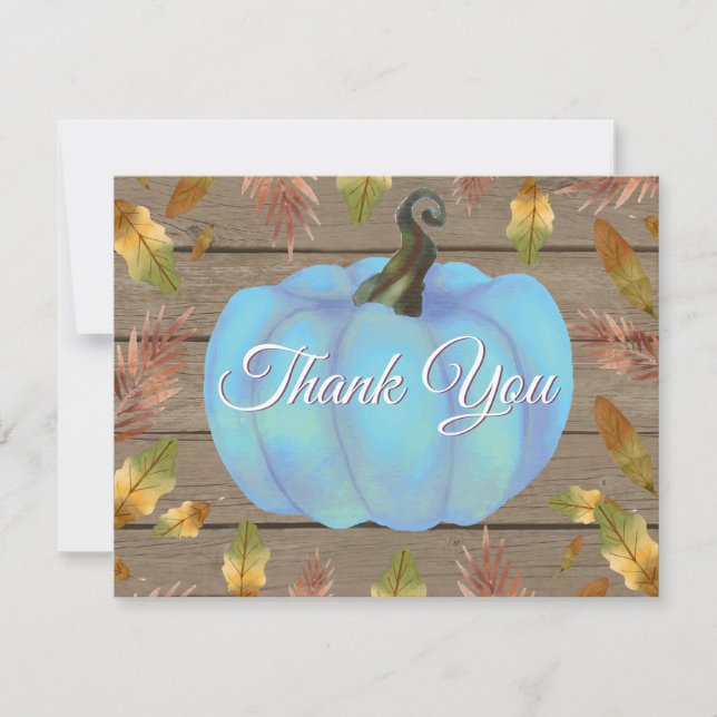Rustic Watercolor Fall Pumpkin Blue Thank You card (Front)