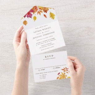 Rustic Watercolor Falling Leaves Autumn Wedding All In One Invitation