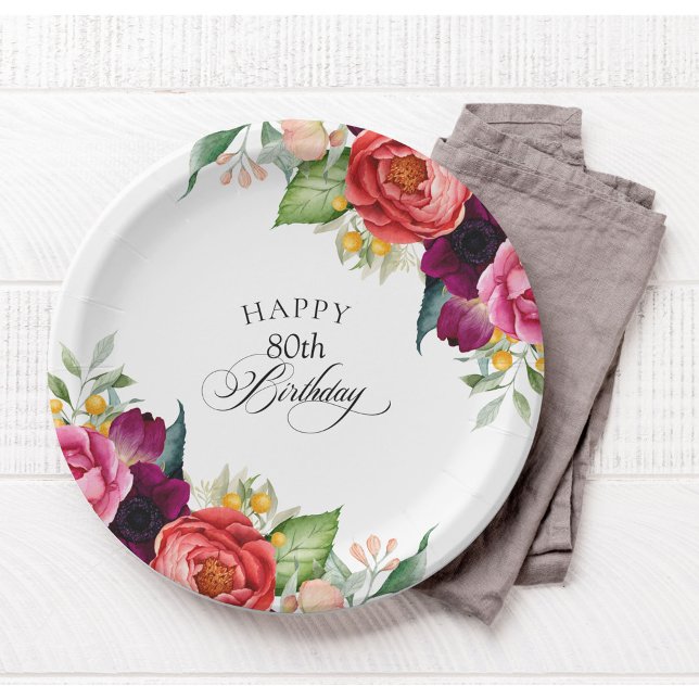 Rustic Watercolor Floral 80th Birthday Party Paper Plate (Creator Uploaded)