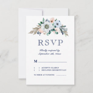 Rustic Watercolor Floral Anemone Navy Wedding RSVP Card
