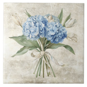 Rustic Watercolor Floral Blue Hydrangea  Tile