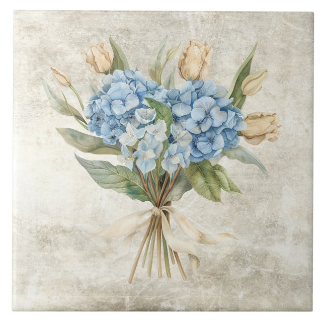 Rustic Watercolor Floral Blue Hydrangea  Tile (Front)
