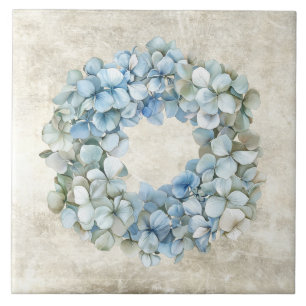 Rustic Watercolor Floral Blue Hydrangea Wreath Tile