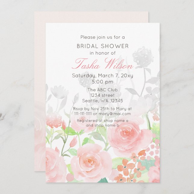 Rustic Watercolor Floral Blush Bridal Shower Invitation (Front/Back)