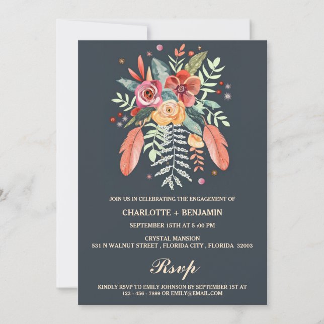 Rustic Watercolor Floral  Boho Engagement Party Invitation (Front)