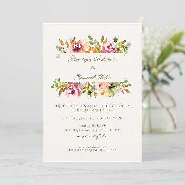 Rustic Watercolor Floral Botanical Fall Wedding  Invitation (Standing Front)