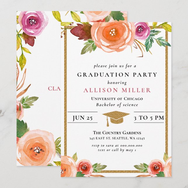 Rustic Watercolor Floral Botanical Graduation  Inv Invitation (Front/Back)