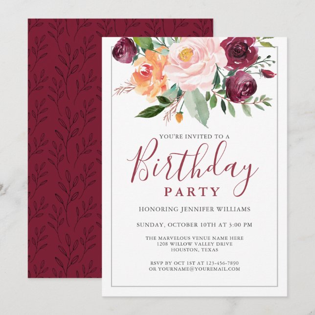 Rustic Watercolor Floral Bouquet Birthday Party Invitation (Front/Back)
