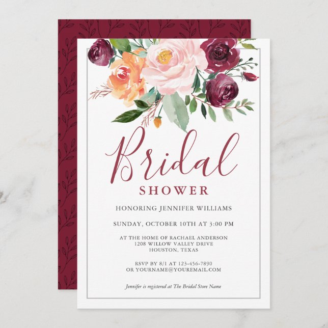 Rustic Watercolor Floral Bouquet Bridal Shower Invitation (Front/Back)