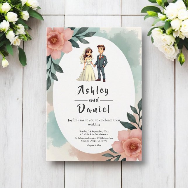 Rustic Watercolor Floral Bride And Groom Wedding Invitation (Creator Uploaded)