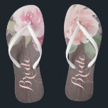Rustic watercolor floral bride wedding jandals<br><div class="desc">Romantic hand-drawn watercolor pastel pink and peach roses floral design with white vintage lace on rustic wood grain background. Chic and elegant,  great flip flop for bride in vintage wedding,  rustic wedding or country wedding in spring.
See all the matching pieces in collection below.</div>