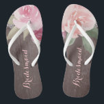 Rustic watercolor floral bridesmaid wedding jandals<br><div class="desc">Romantic hand-drawn watercolor pastel pink and peach roses floral design with white vintage lace on rustic wood grain background. Chic and elegant,  great flip flop for bridesmaid in vintage wedding,  rustic wedding or country wedding in spring.
See all the matching pieces in collection below.</div>