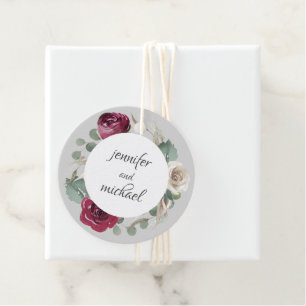 Rustic Watercolor Floral Burgundy and White Roses Favour Tags