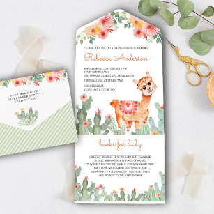Rustic Watercolor Floral Cactus Llama Baby Shower All In One Invitation