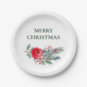Rustic Watercolor Floral Christmas Party Paper Plate