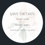 Rustic Watercolor Floral  Classic Round Sticker<br><div class="desc">This “Save the Date” sticker is simply rustic elegance with simple yet pretty typography on a fresh white background and a translucent peony. Neutral and classy. Perfect for any wedding theme. Simplicity at its best. Sheer elegance. I’ve enjoyed creating this design for your special day. 100% customer satisfaction on “Zazzle”...</div>