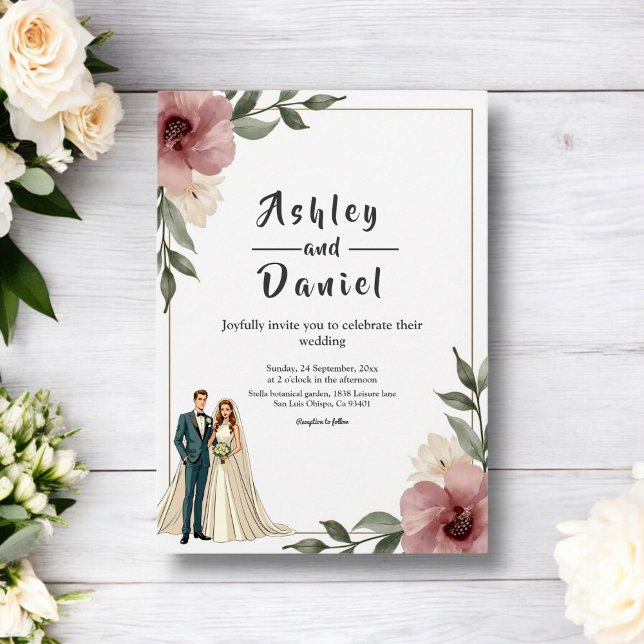 Rustic Watercolor Floral Couple Summer Wedding Invitation (Creator Uploaded)