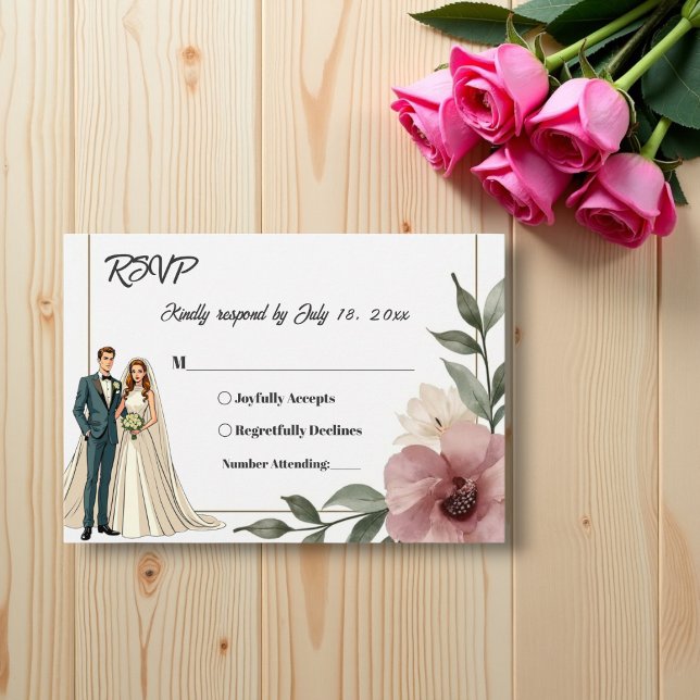 Rustic Watercolor Floral Couple Summer Wedding RSVP Card (Creator Uploaded)