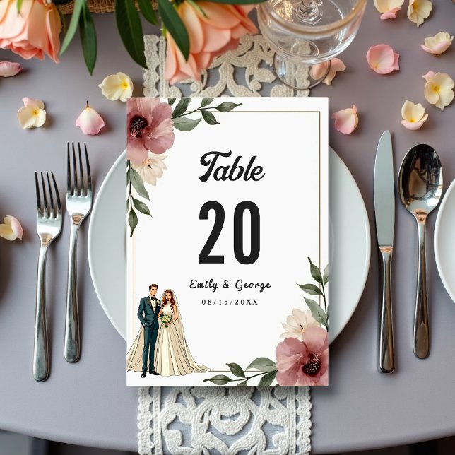 Rustic Watercolor Floral Couple Summer Wedding Table Number (Creator Uploaded)