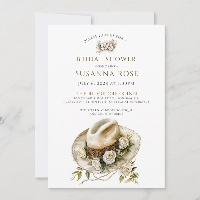 Rustic Watercolor Floral Cowgirl Hat Bridal Shower Invitation (Front)