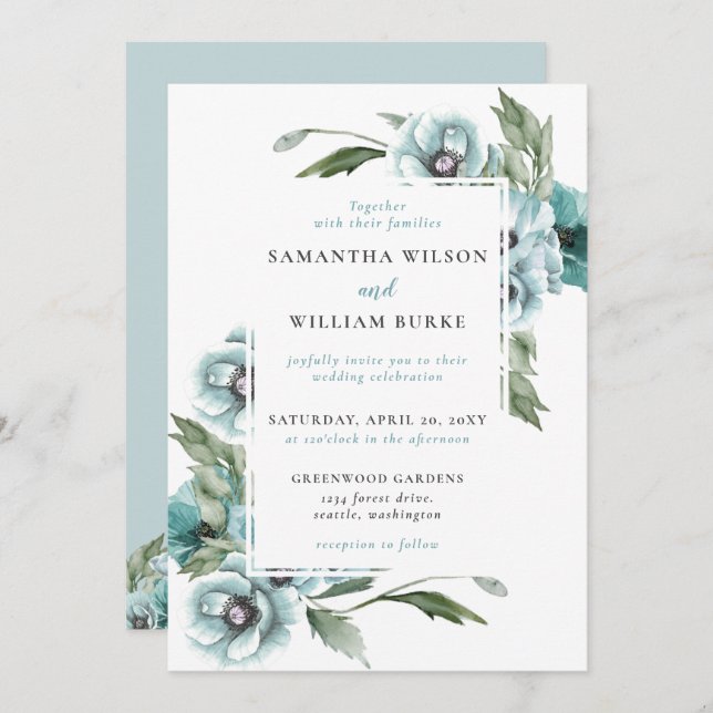 Rustic Watercolor Floral Dusty Blue Wedding Invitation (Front/Back)