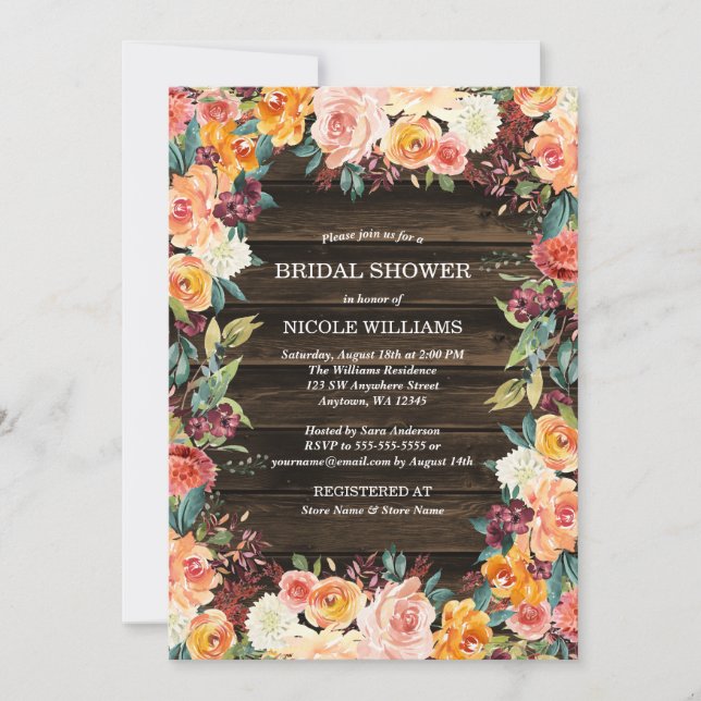 Rustic Watercolor Floral Fall Bridal Shower Invitation (Front)