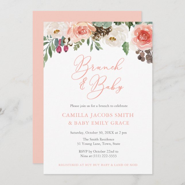 Rustic Watercolor Floral Fall Brunch Baby Shower Invitation (Front/Back)