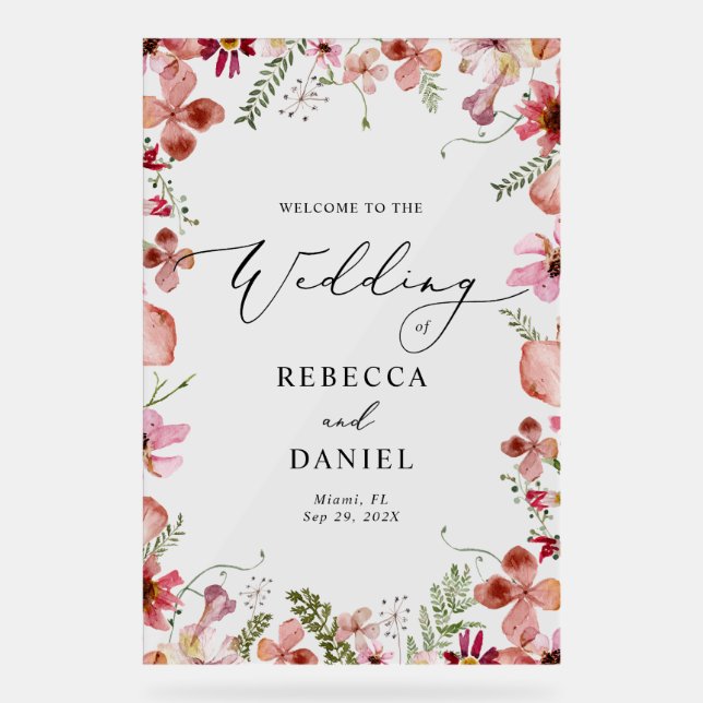 Rustic Watercolor Floral Frame Welcome Wedding  Acrylic Sign (Front)