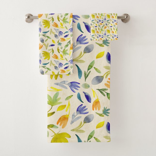Rustic Watercolor Floral Garden Botanical Bath Towel Set (Insitu)