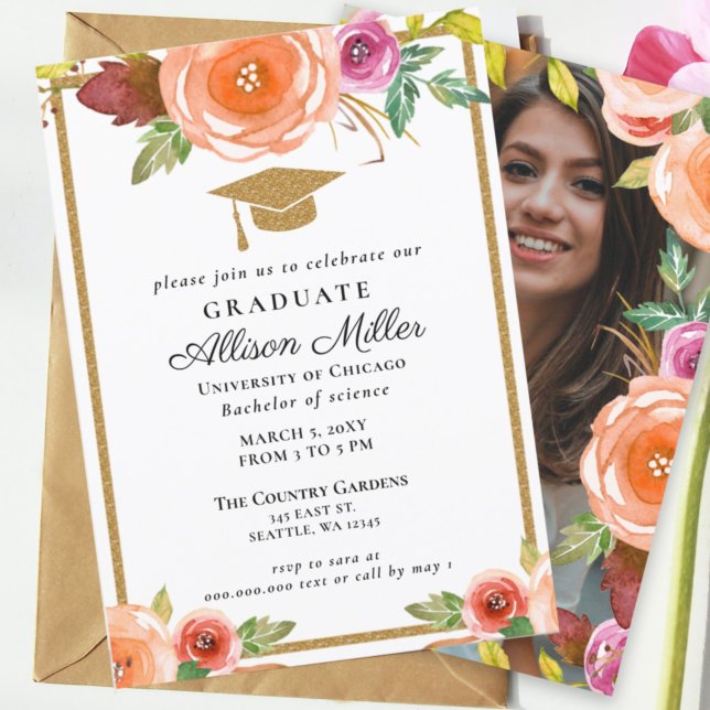 Rustic Watercolor Floral Gold Photo Graduation  Invitation (Creator Uploaded)