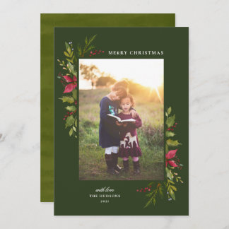 Rustic Watercolor Floral Green Holiday Card