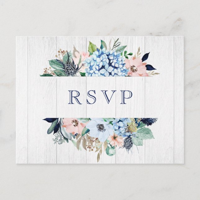 Rustic Watercolor Floral Hydrangea Wedding RSVP Postcard (Front)