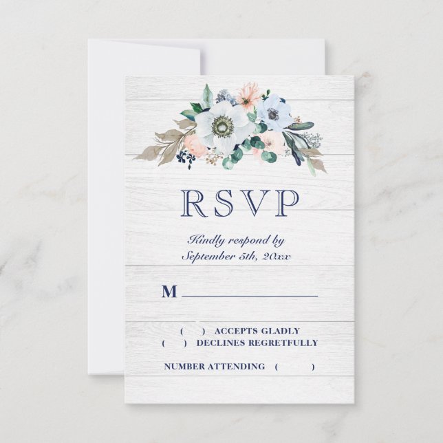 Rustic Watercolor Floral Hydrangea Wood Wedding RSVP Card (Front)
