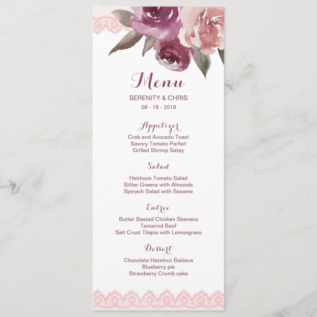 Rustic watercolor floral lace fall wedding menu (Front)