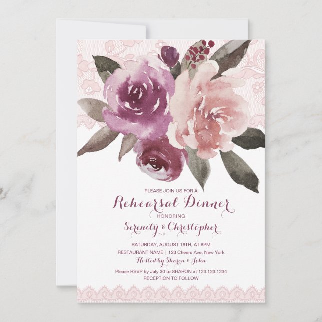 Rustic watercolor floral lace rehearsal dinner invitation (Front)