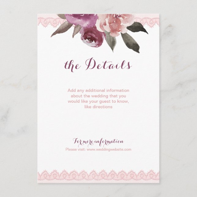 Rustic watercolor floral lace wedding details enclosure card (Front)
