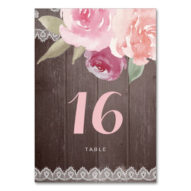 Rustic watercolor floral lace wedding table card (Front)