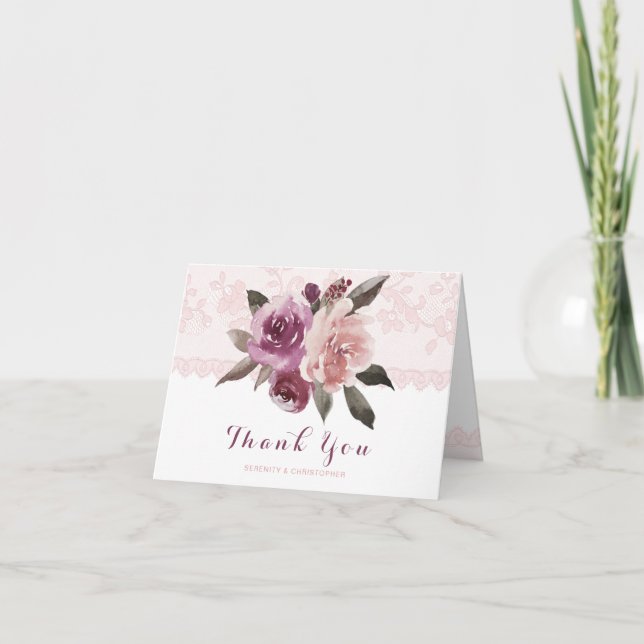 Rustic watercolor floral lace wedding thank you card (Front)