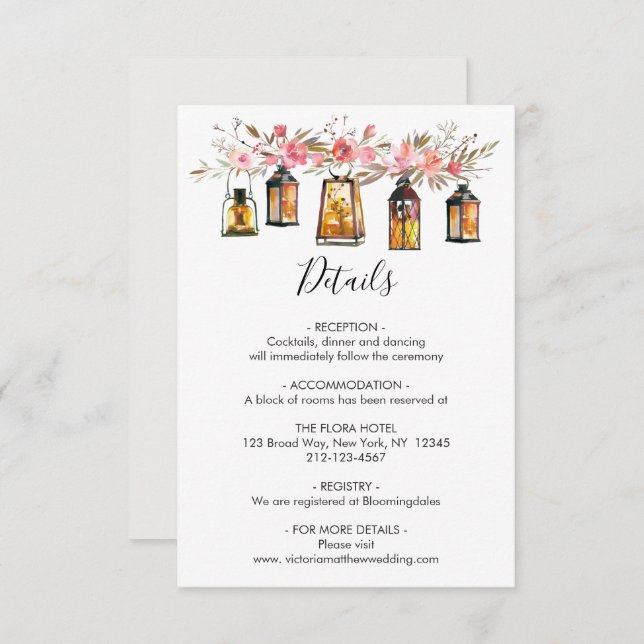 Rustic Watercolor Floral Lantern Wedding Details Invitation (Front/Back)