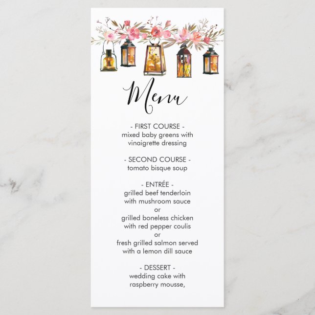 Rustic Watercolor Floral Lantern Wedding Menu (Front)