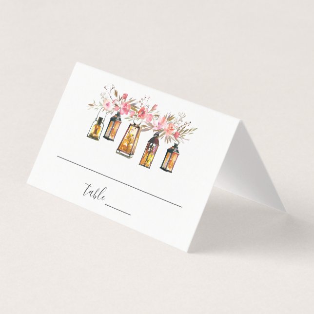 Rustic Watercolor Floral Lantern Wedding Place (Front)