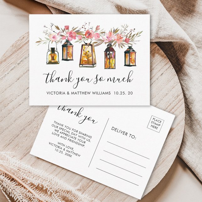 Rustic Watercolor Floral Lantern Wedding Thank You Postcard (Front & Back)