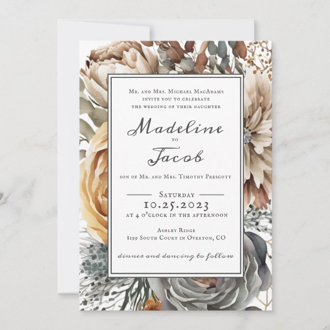 Rustic Watercolor Floral Modern Script Wedding   Invitation (Front)