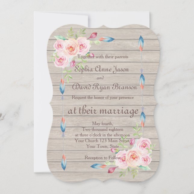 Rustic Watercolor Floral Old Wood Wedding Invite (Front)
