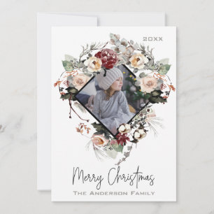 Rustic Watercolor Floral Photo Merry Christmas Holiday Card